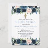 Invitation Dédicace de triplés Navy Blue Rose Floral Or (Devant)