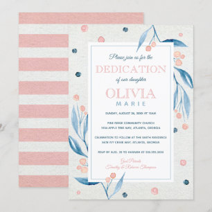Invitation Dedication Florale Bébé, Marine, Rose