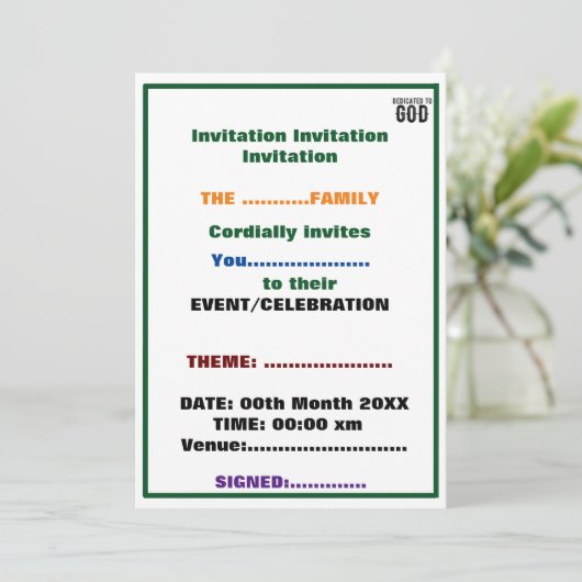 INVITATION DÉDIÉ À DIEU TEXTE NOIR PERSONNALISABLE ET COOL (Debout devant)