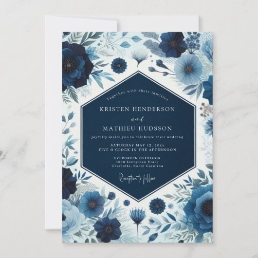 Invitation Deep Blue Botanical Bloom Wedding (Devant)