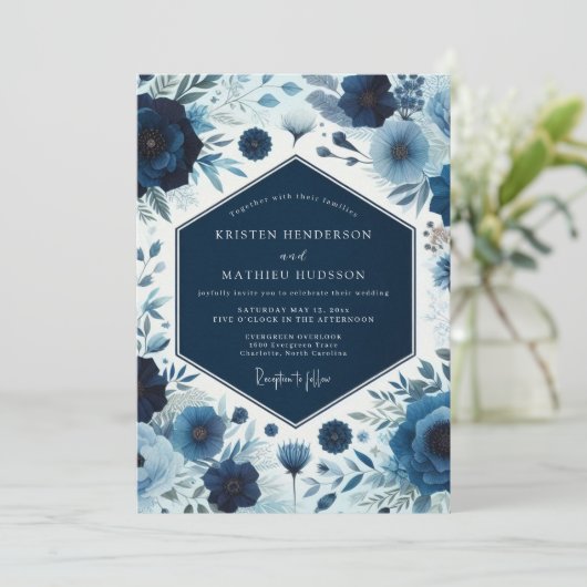 Invitation Deep Blue Botanical Bloom Wedding (Debout devant)
