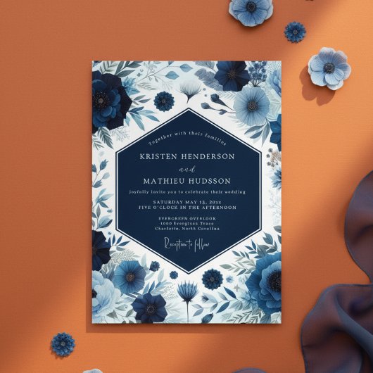 Invitation Deep Blue Botanical Bloom Wedding