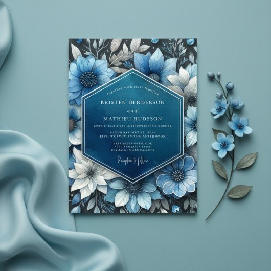 Invitation Deep Blue Botanical Opulence Wedding