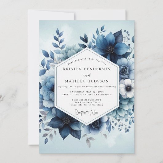 Invitation Deep Blue Botanical Whimsy Wedding (Devant)
