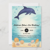 Invitation Deep Blue Dolphin & Seashell Ocean Birthday (Devant)