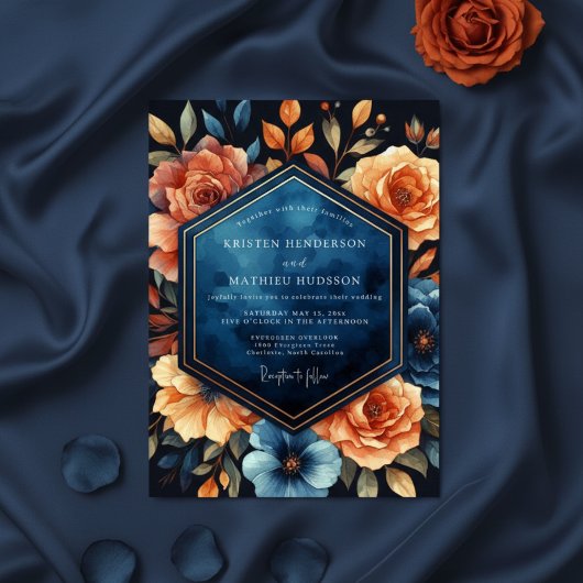 Invitation Deep Blue Floral Autumn Wedding