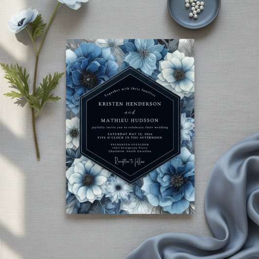 Invitation Deep Blue Floral Bloom Wedding
