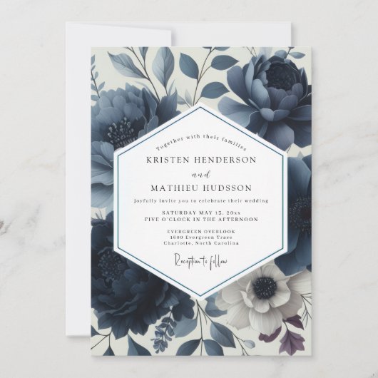 Invitation Deep Blue Floral Elegance Wedding (Devant)