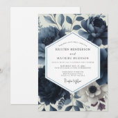 Invitation Deep Blue Floral Elegance Wedding (Devant / Derrière)