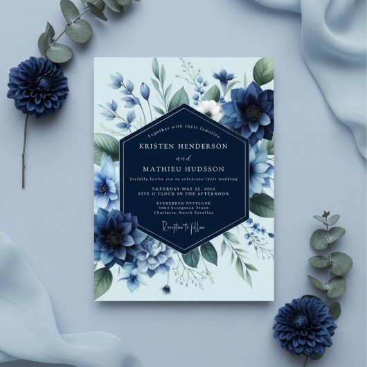 Invitation Deep Blue Floral Elegance Wedding