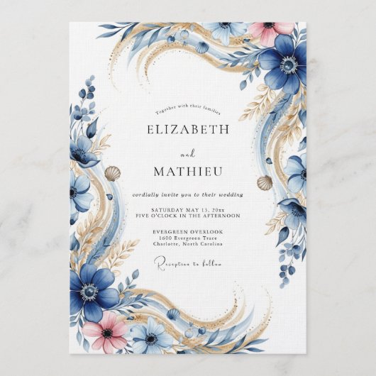 Invitation Deep Blue Floral Flourish Wedding (Devant)