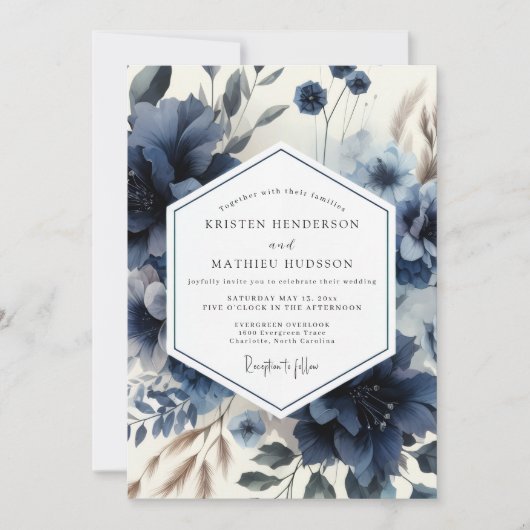 Invitation Deep Blue Floral Moody Wedding (Devant)