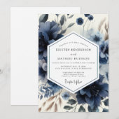 Invitation Deep Blue Floral Moody Wedding (Devant / Derrière)
