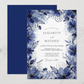 Invitation Deep Blue Floral Romance Wedding (Devant / Derrière)