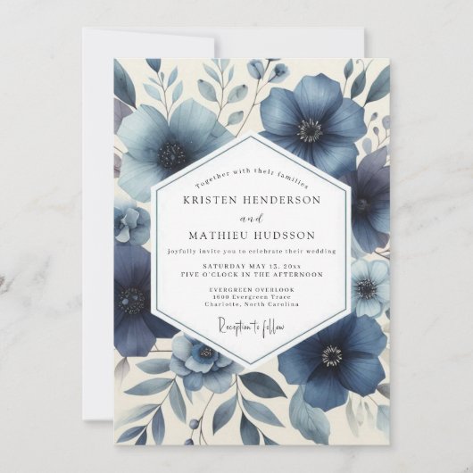 Invitation Deep Blue Floral Romantic Wedding (Devant)