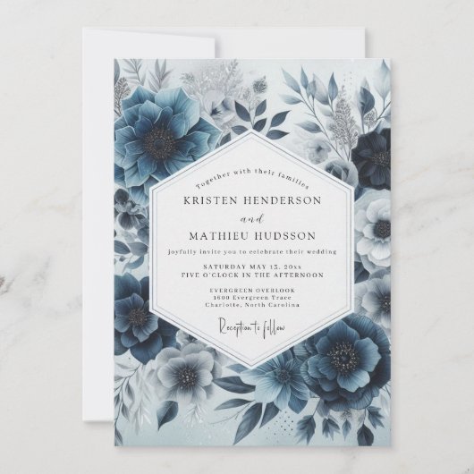 Invitation Deep Blue Floral Whimsy Wedding (Devant)