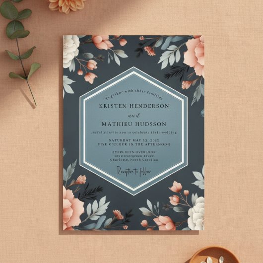 Invitation Deep Blue Floral Whimsy Wedding