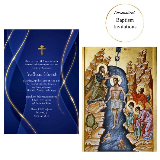 Invitation Deep Blue Metallic Gold Orthodox Christian Baptism