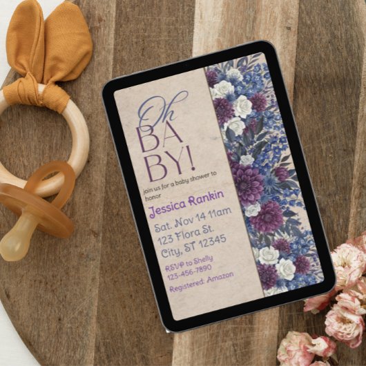 Invitation Deep Blue & Purple Floral Baby Shower