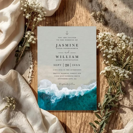 Invitation Deep Blue Sea Destination Elegant QR Code Wedding