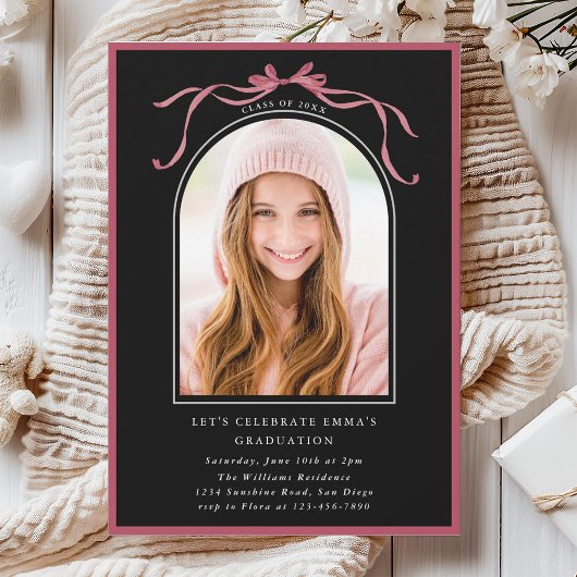 Invitation Deep Blush Bow Graduation Party Arch Photo Black