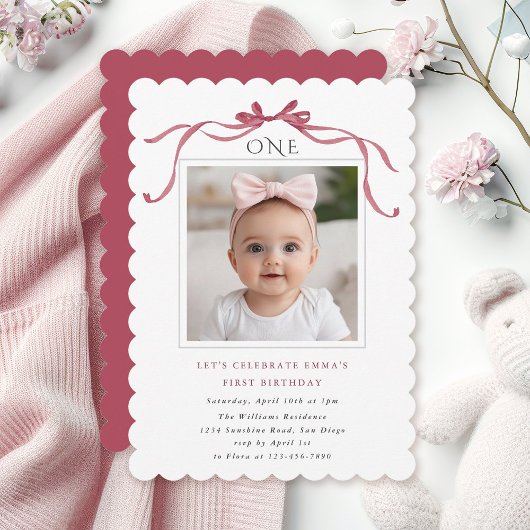 Invitation Deep Blush Pink Bow Girl 1st Birthday Party