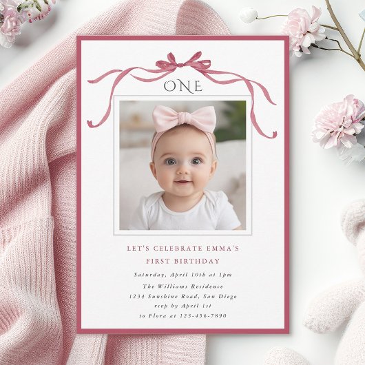 Invitation Deep Blush Pink Bow Girl 1st Birthday Party Photo