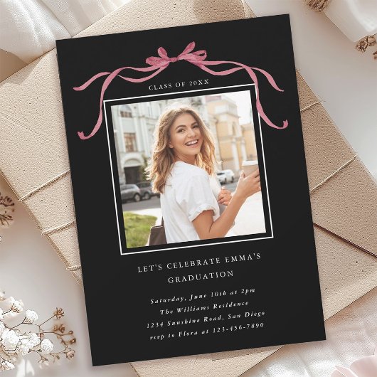 Invitation Deep Blush Ribbon Bow Graduation Party Photo Black