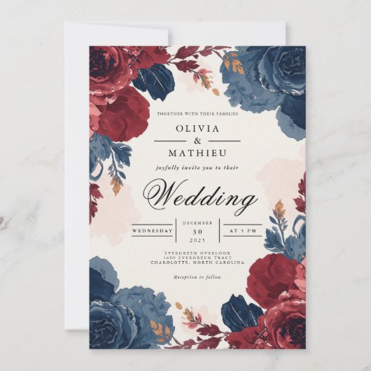 Invitation Deep Burgundy Blue Floral Arch Wedding (Devant)
