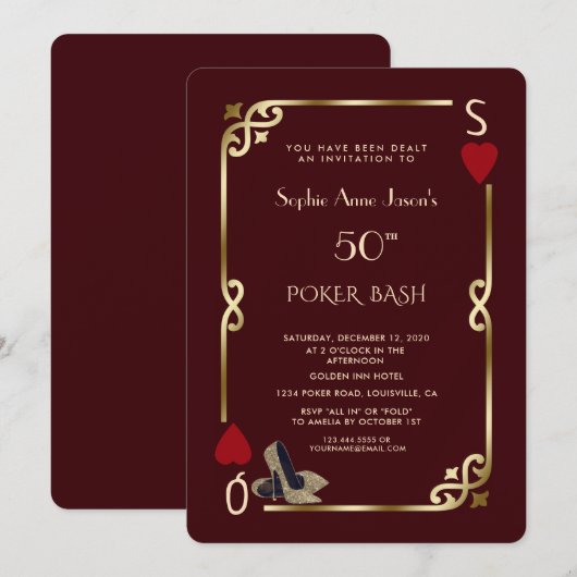 Invitation Deep Burgundy Casino Night Gatsby 50th Birthday (Devant / Derrière)