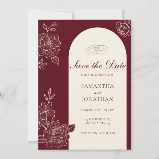 Invitation Deep Burgundy Floral Arch Wedding Save the Date (Devant)