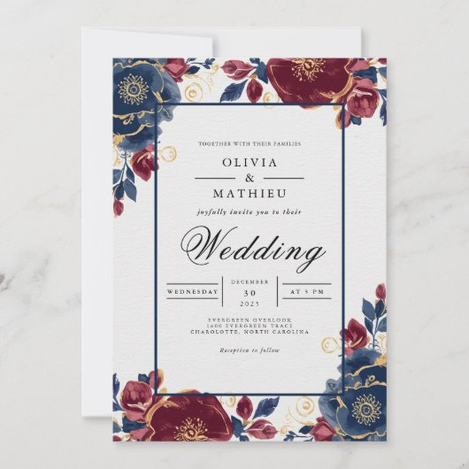 Invitation Deep Burgundy Floral Frame Wedding (Devant)