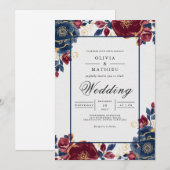 Invitation Deep Burgundy Floral Frame Wedding (Devant / Derrière)