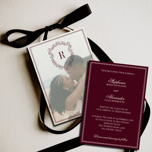 Invitation Deep Burgundy Ivory Crest Old Money Photo Wedding