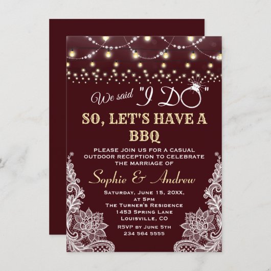 Invitation Deep Burgundy Lace String Lights After I DO BBQ (Devant / Derrière)