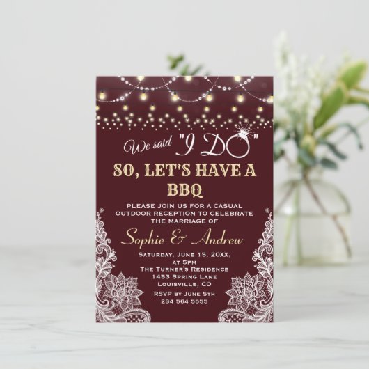 Invitation Deep Burgundy Lace String Lights After I DO BBQ (Debout devant)