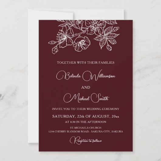 Invitation Deep Burgundy White Floral Line Art | Wedding (Devant)