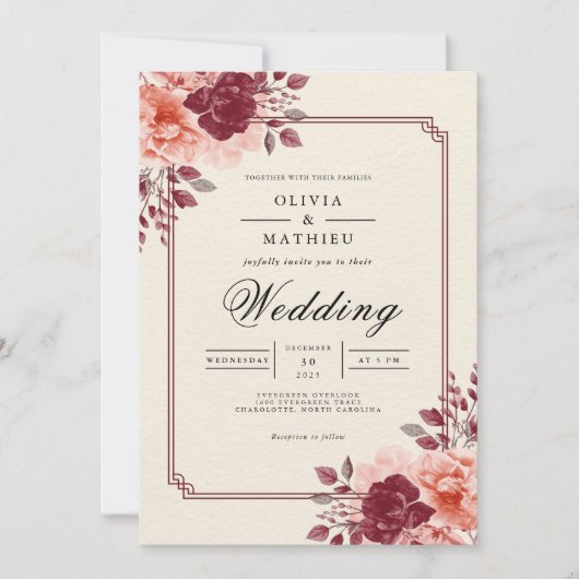 Invitation Deep Crimson Floral Mariage romantique (Devant)