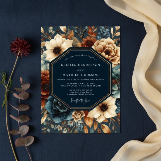 Invitation Deep Navy Autumn Bloom Wedding