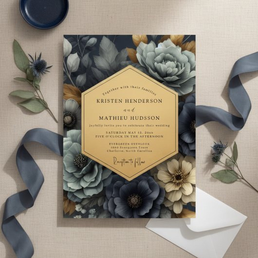 Invitation Deep Navy Floral Enchantment Wedding