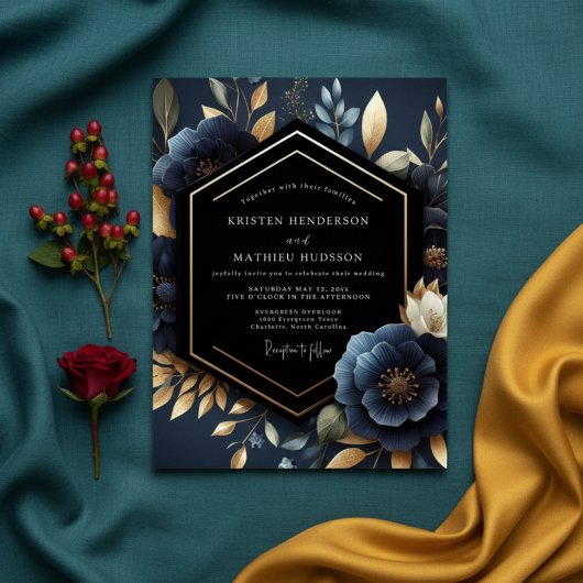 Invitation Deep Navy Floral Luxe Wedding