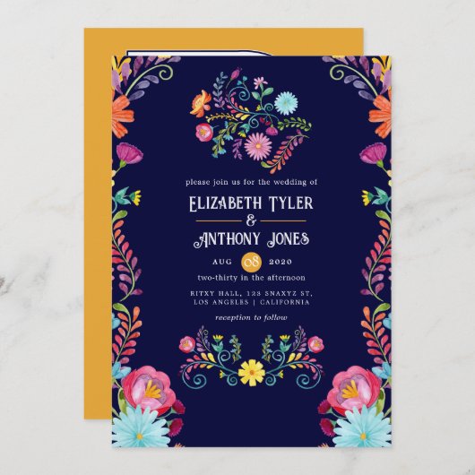 Invitation Deep Navy & Marigold Floral Mexican Fiesta Wedding (Devant / Derrière)