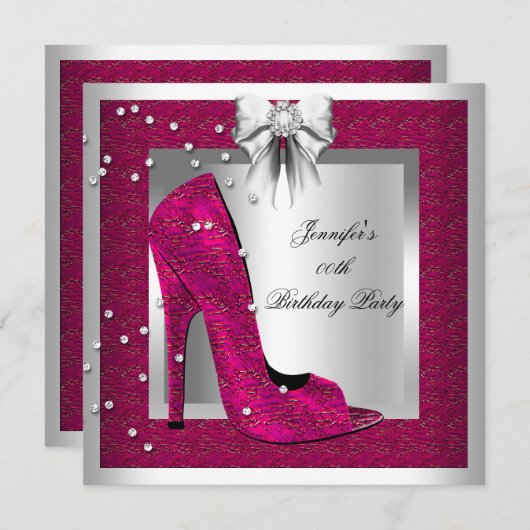 Invitation Deep Pink Silver High Heel Chaussure Anniversaire (Devant / Derrière)