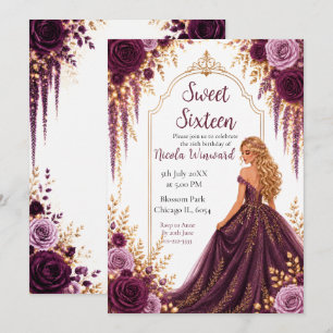Invitation Deep Plum et Or Fleur Sweet Sixteen