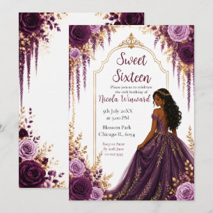 Invitation Deep Plum et Or Fleurs Sweet Sixteen