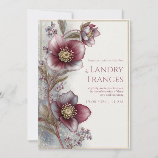 Invitation Deep Plum Hellebore Gold Glitter Frame Wedding (Devant)