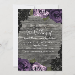 Invitation Deep Purple Roses Rustique Bois Mariage en Dentell