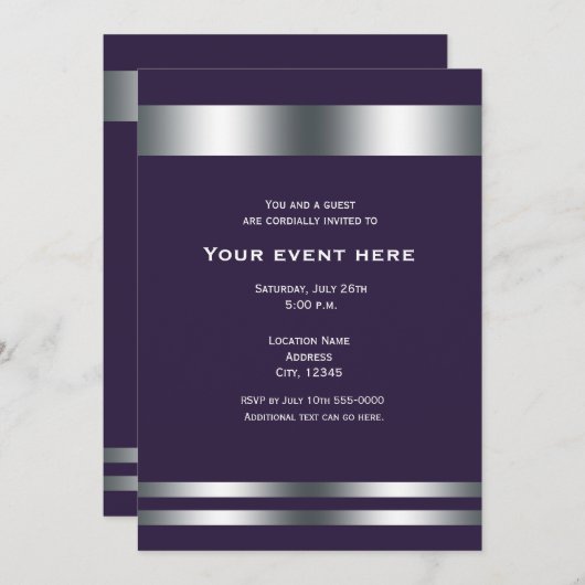 Invitation Deep Purple & Silver Elegant Diner Party Event (Devant / Derrière)