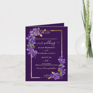 Invitation Deep Purple Violet Floral Gold Frame Folded