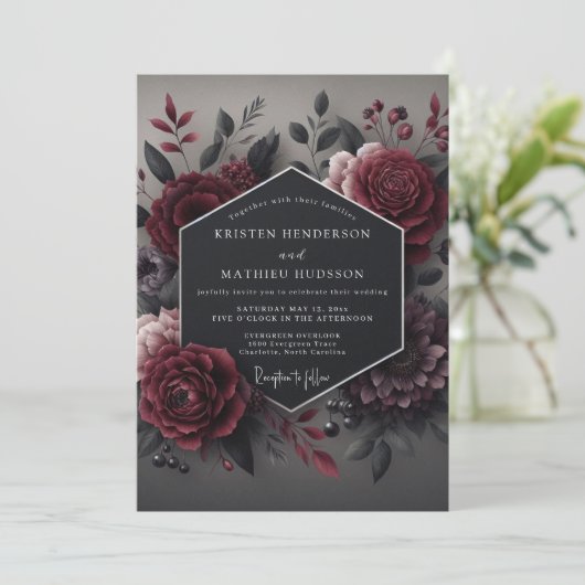Invitation Deep Red Bloom Romance Wedding (Debout devant)